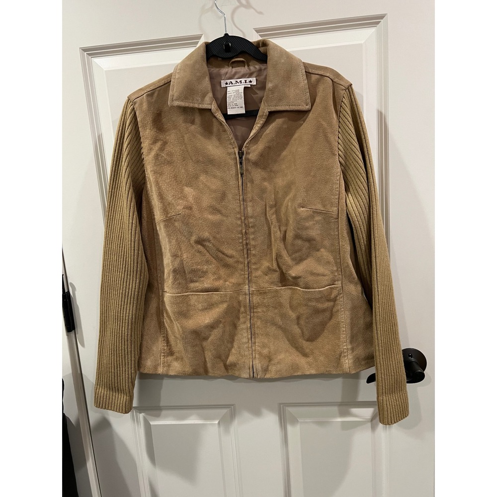 A.M.I. Leather Jacket with Sweater Arms Womens Size L Tan Brown Zip Up Vintage